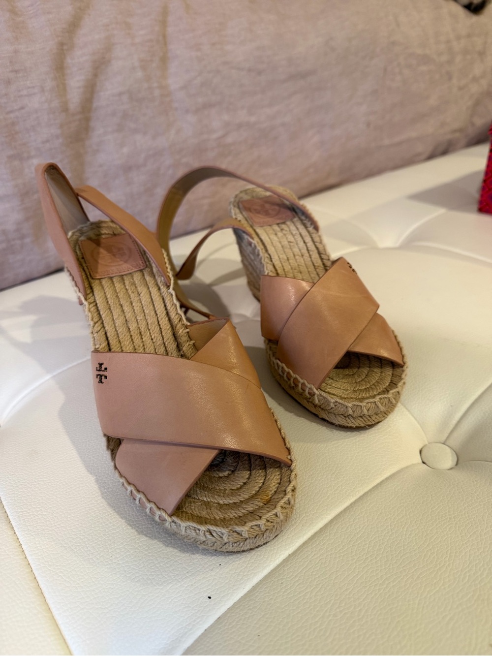 Tory Burch Caramel Leather Espadrille Wedge Sandals - Picture 2 of 5